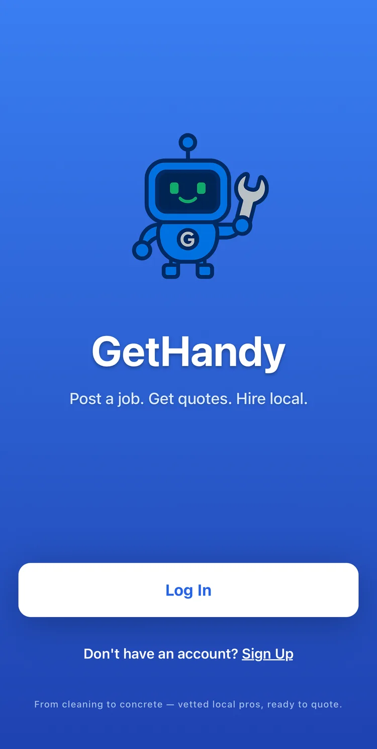 The GetHandy welcome screen, offering to post a job or sign up to find work.