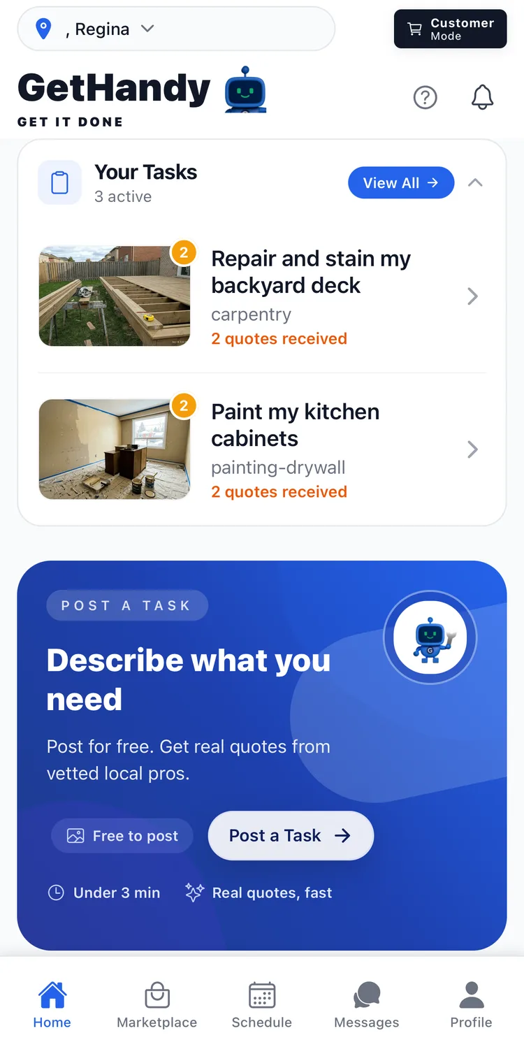 The GetHandy home screen showing your active jobs