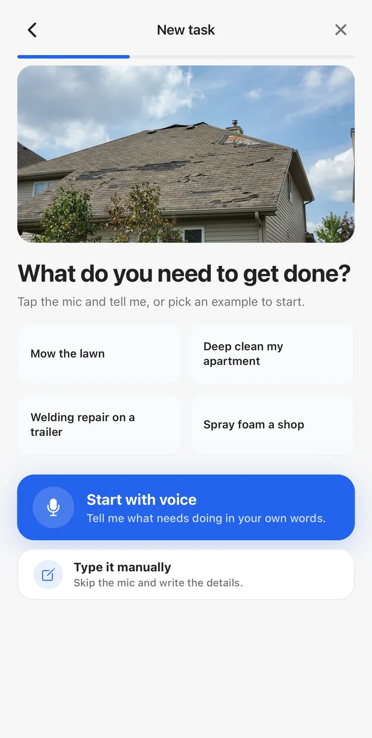 The task posting screen, with a microphone button to describe the job out loud.