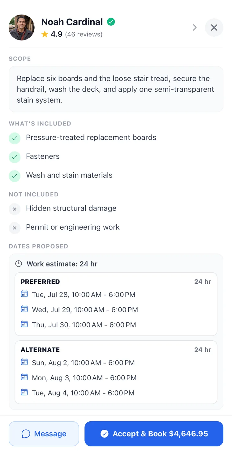 A single quote opened up, showing scope, materials, exclusions and available dates.