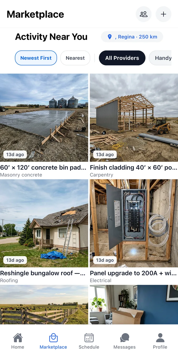 The marketplace feed, showing jobs posted nearby with a photo and a category on each one.