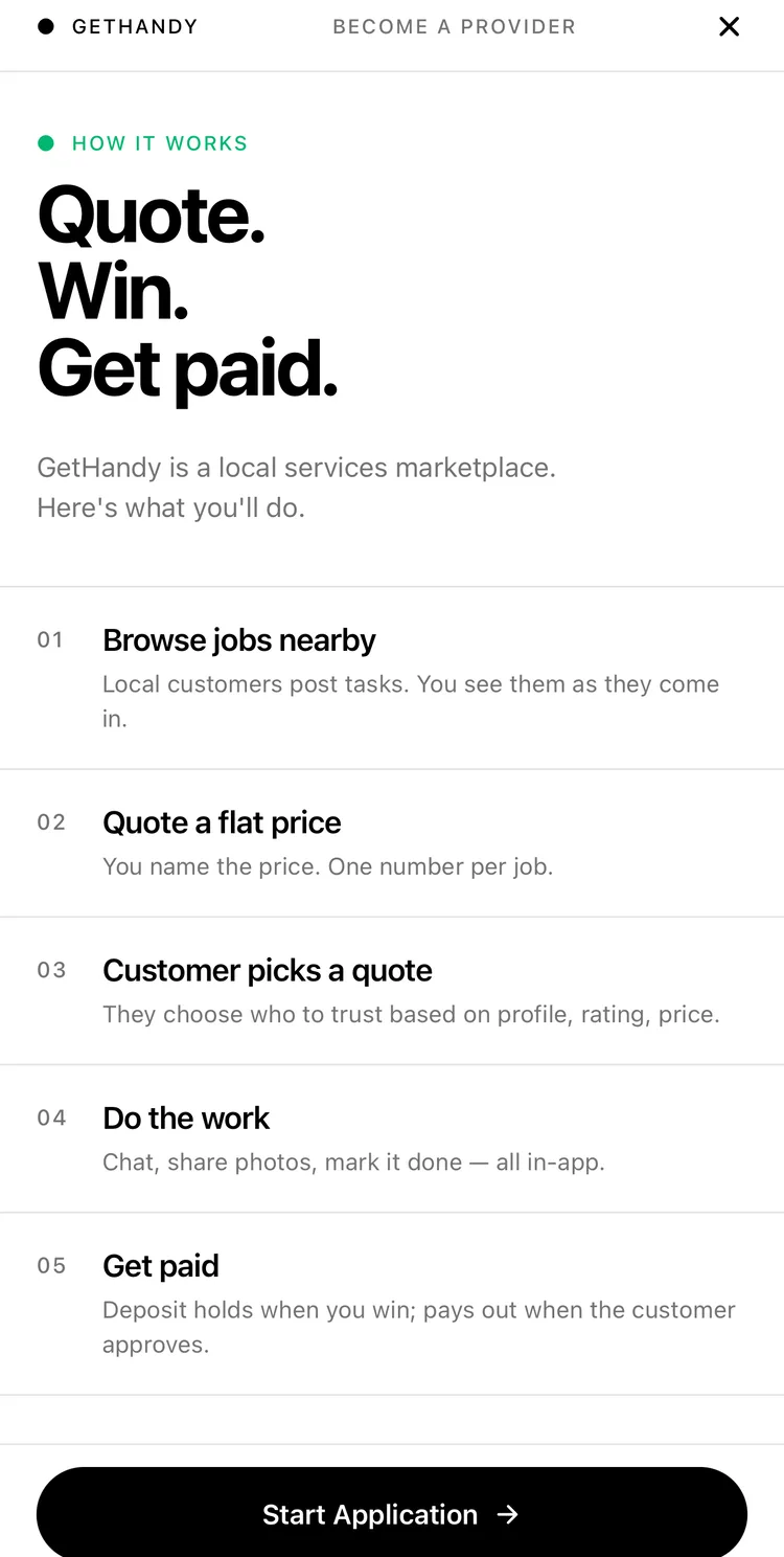 The GetHandy app's provider screen: 'Quote. Win. Get paid.', with the five steps from browsing nearby jobs to getting paid.