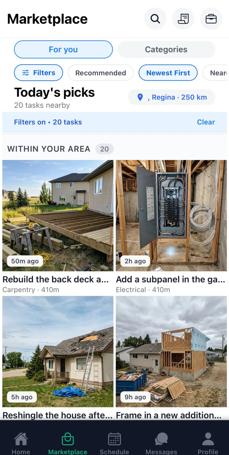 The provider job feed, showing nearby jobs with a photo, category and distance on each one.