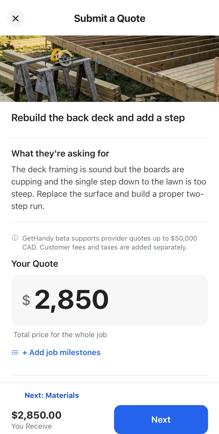 The Submit a Quote screen with one price typed in and “You Receive $2,850.00” on the button below it.
