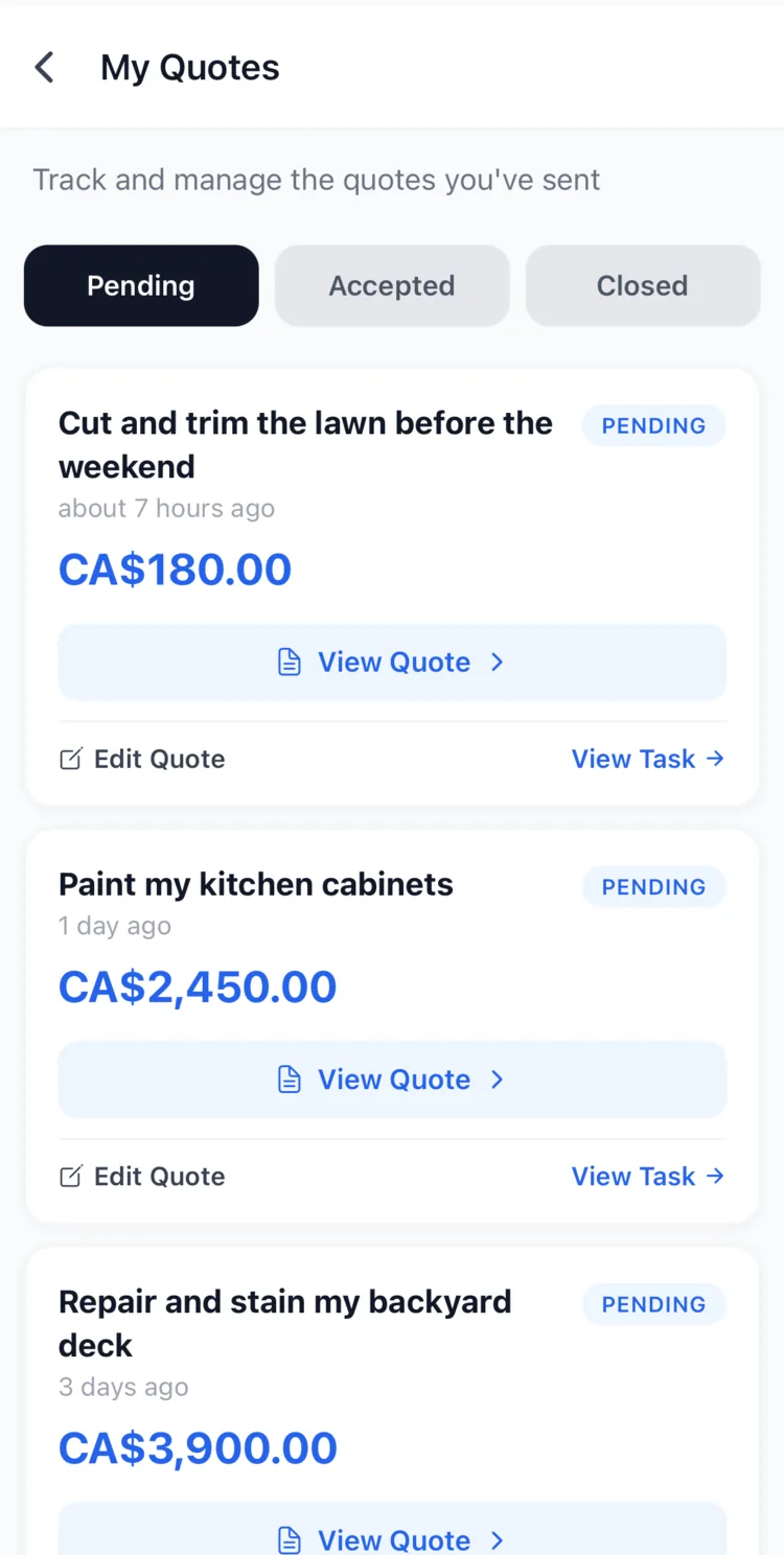 The My Quotes screen listing sent quotes under Pending, Accepted and Closed tabs, each with its price.