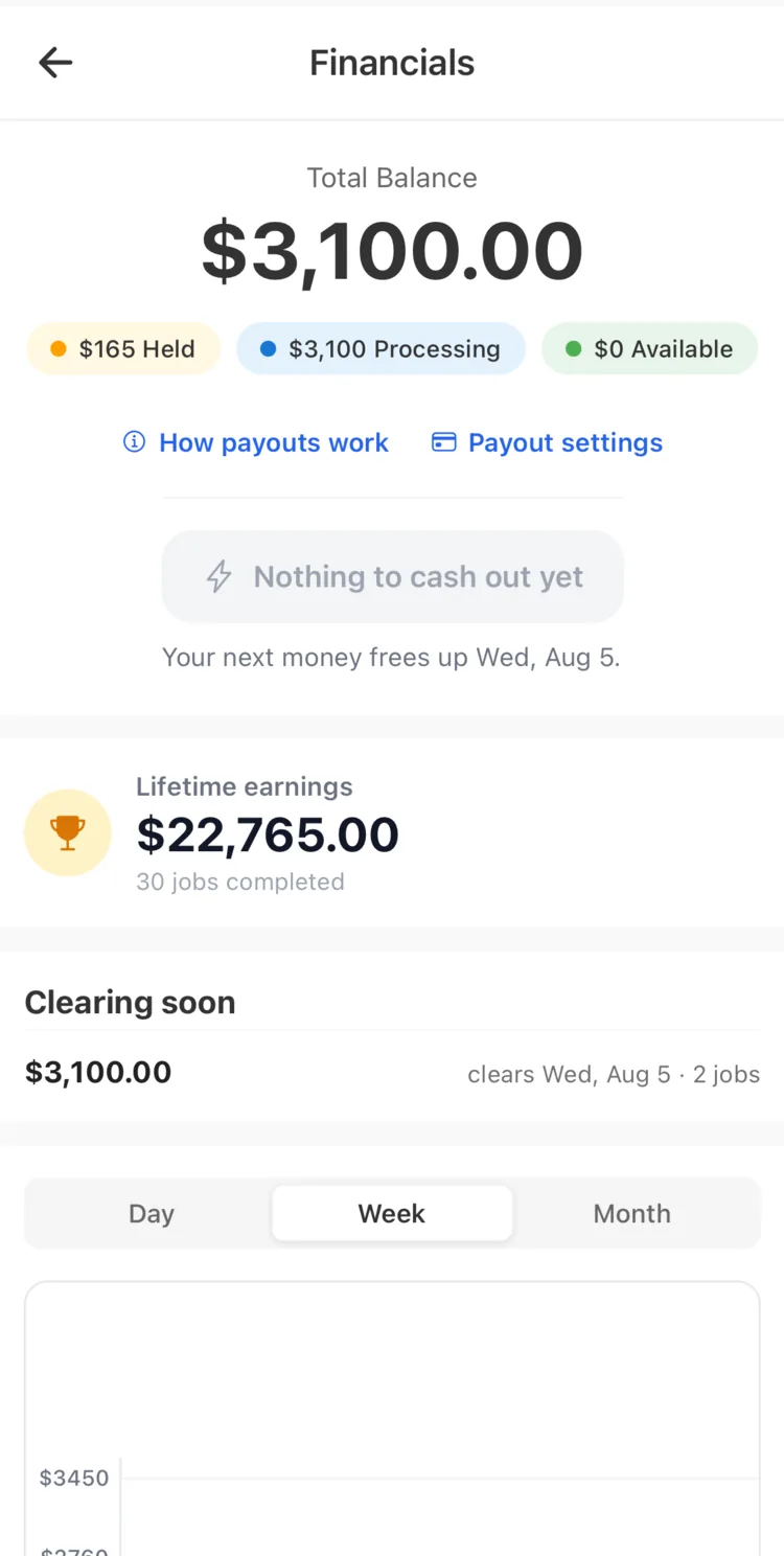 The provider financials screen, showing money held, money processing, lifetime earnings and the date the next payment clears.