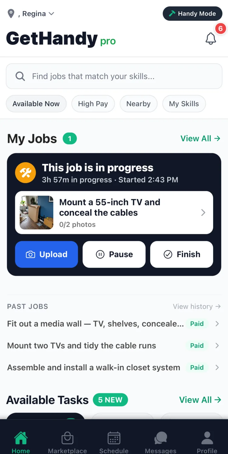 The provider home screen, showing a job in progress, past paid jobs, and available tasks nearby.