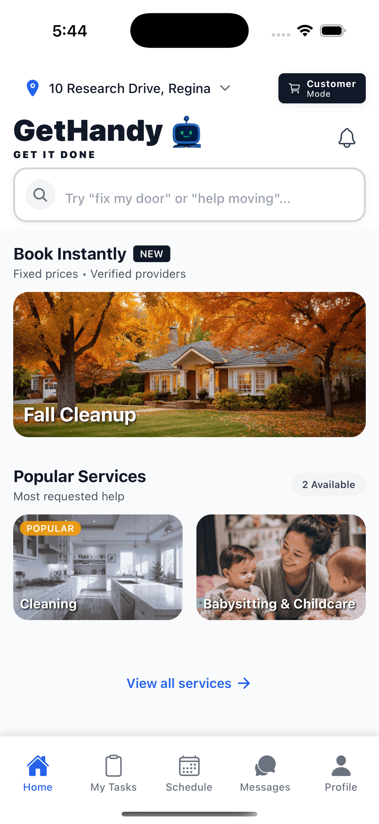 GetHandy app homepage showing services